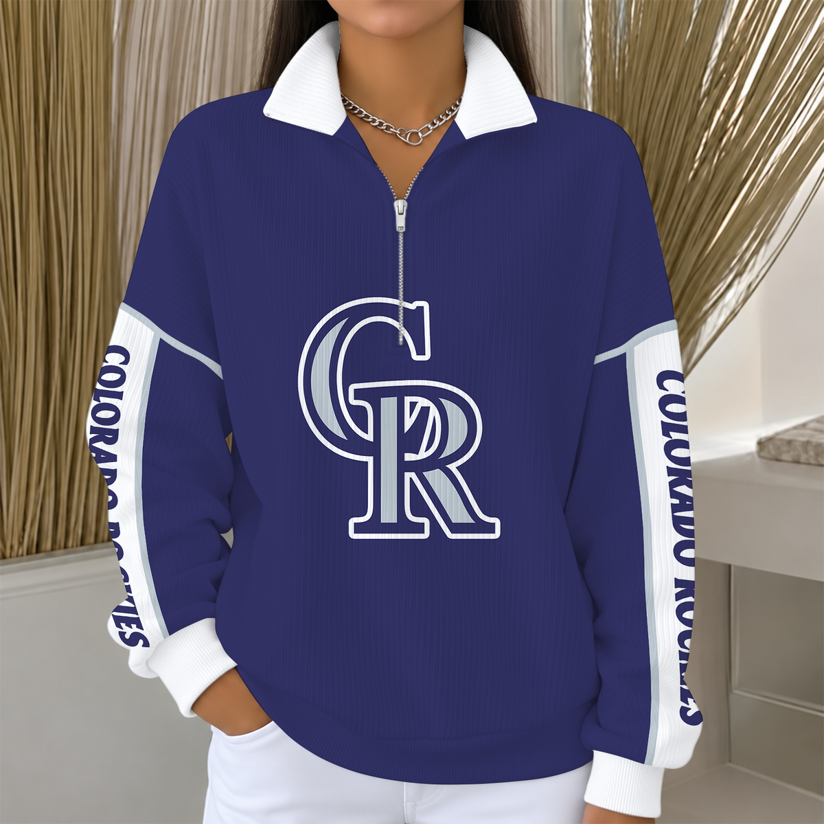 [SPECIAL OFFER] NEW CUSTOMIZED MLB30 COR COLORADO ROCKIES QUARTER ZIP RIBBED SWEATER