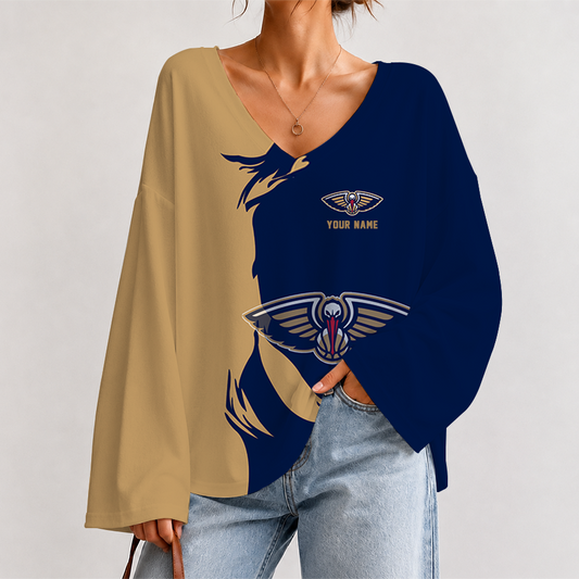 [HOT DEAL] NEW CUSTOMIZED NBA30 NOP NEW ORLEANS PELICANS V-NECK LONG SLEEVED CROP TOP