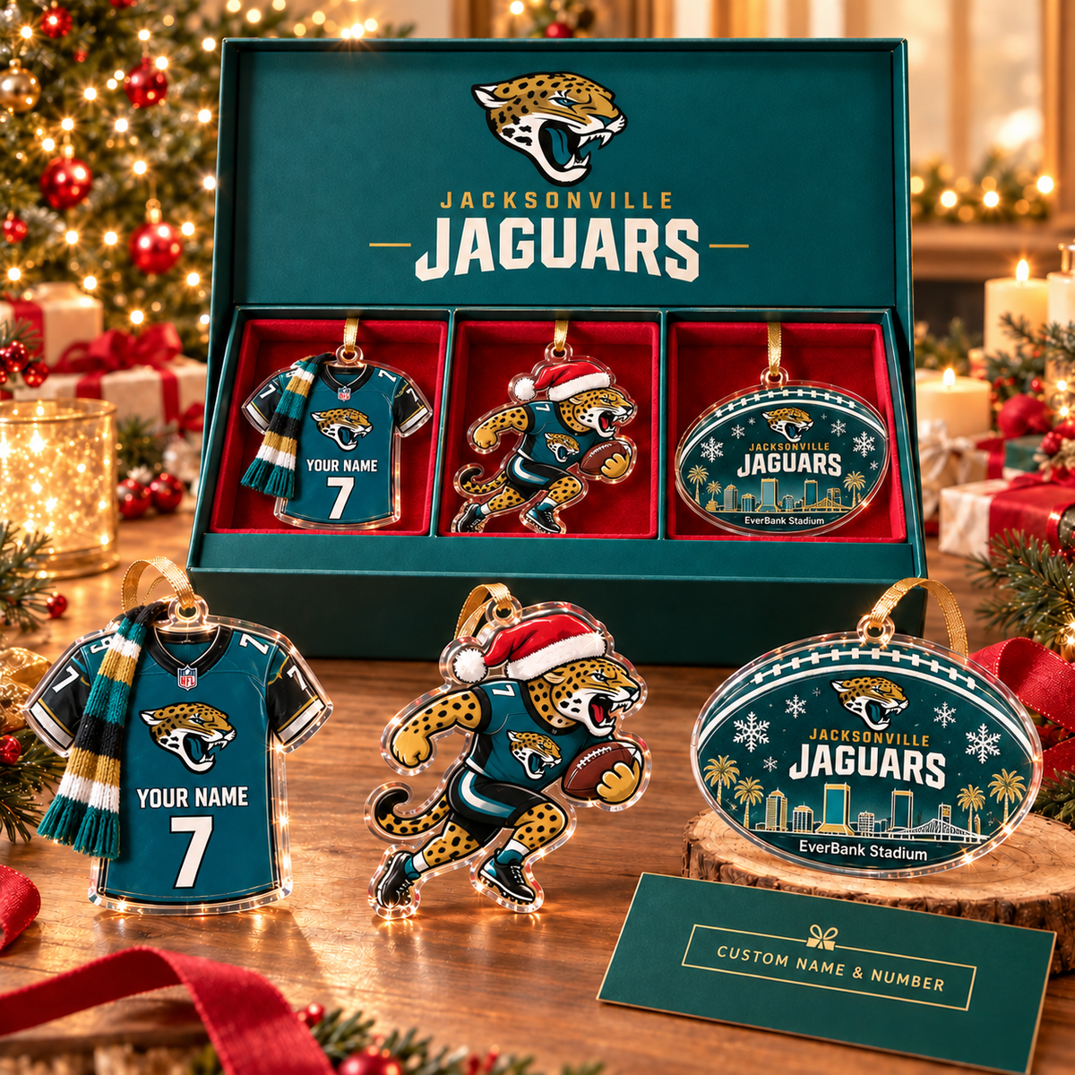 [FULL SET 3 ITEMS - NO BOX] NEW CUSTOMIZED NFL30 JSJ JACKSONVILLE JAGUARS CHRISTMAS ACRYLIC ORNAMENT