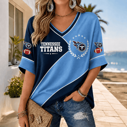 [SPECIAL OFFER] NEW CUSTOMIZED NFL31 TST TENNESSEE TITANS WOMEN'S HEART V-NECK LONG SLEEVE SHIRT