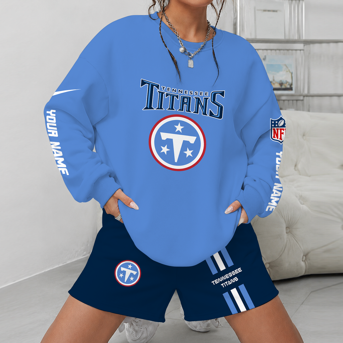 [SPECIAL OFFER] NEW CUSTOMIZED NFL31 TST TENNESSEE TITANS UNISEX SWEATSHIRT & SHORTS SET