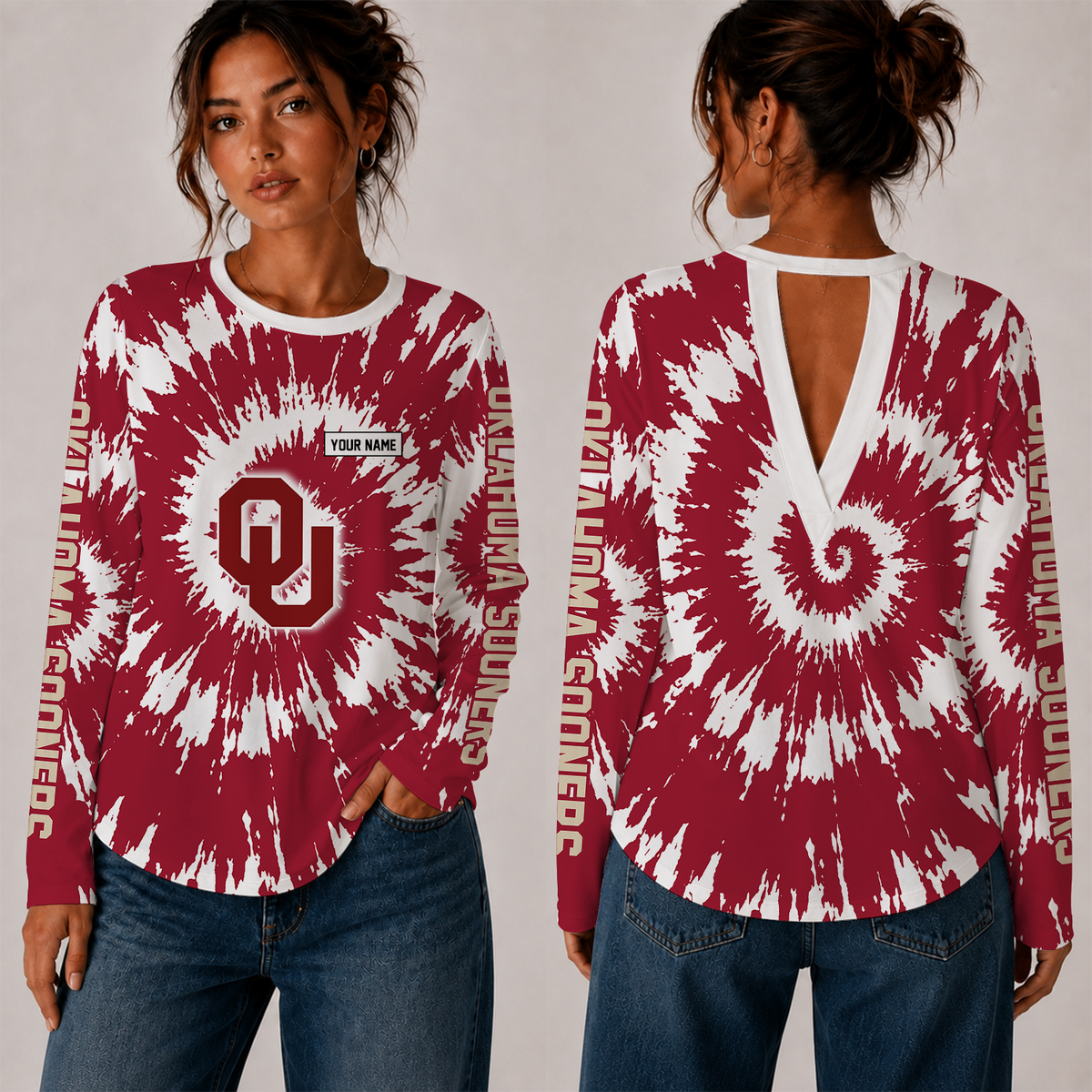 [FAN FAVORITE] NEW CUSTOMIZED NCAA FBS31 OUS OKLAHOMA SOONERS WOMEN'S BACK V-CUT LONG-SLEEVE SHIRT