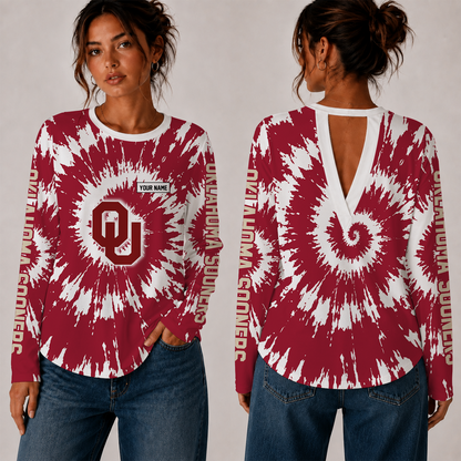 [FAN FAVORITE] NEW CUSTOMIZED NCAA FBS31 OUS OKLAHOMA SOONERS WOMEN'S BACK V-CUT LONG-SLEEVE SHIRT
