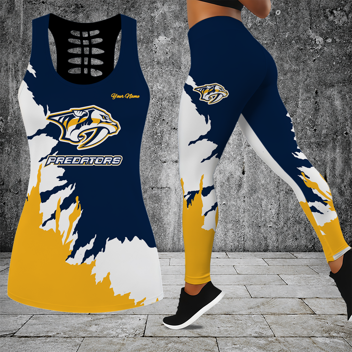 [SUPER SALE] NEW CUSTOMIZED NHL31 NVP NASHVILLE PREDATORS HOLLOW TANK TOP & LEGGINGS SET