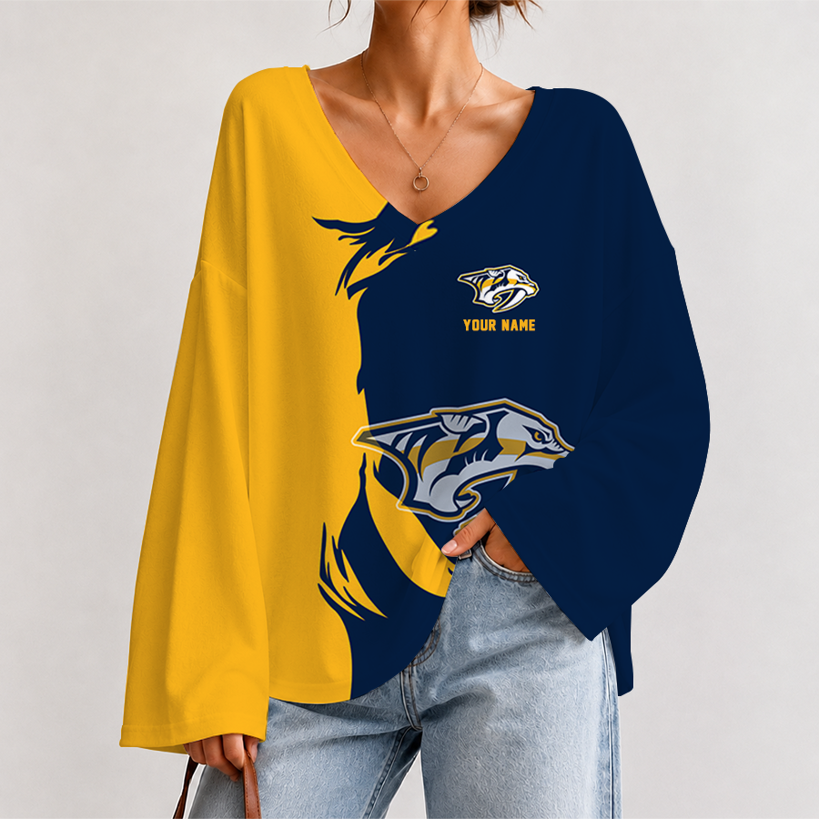 [SUPER SALE] NEW CUSTOMIZED NHL31 NVP NASHVILLE PKHAKIATORS V-NECK LONG SLEEVED CROP TOP