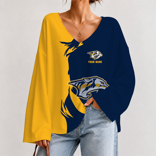 [SUPER SALE] NEW CUSTOMIZED NHL31 NVP NASHVILLE PKHAKIATORS V-NECK LONG SLEEVED CROP TOP
