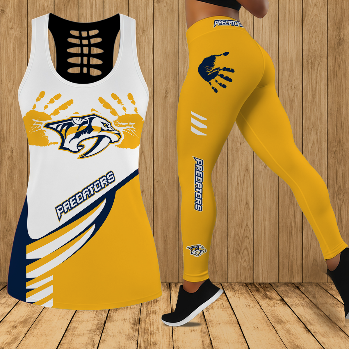 [SUPER SALE] NEW CUSTOMIZED NHL31 NVP NASHVILLE PREDATORS HOLLOW TANK TOP & LEGGINGS SET