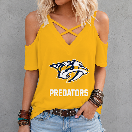[SUPER SALE] NEW CUSTOMIZED NHL31 NVP NASHVILLE PREDATORS CRISS CROSS V-NECK TOP