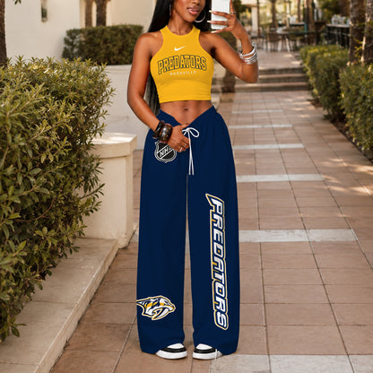 [SUPER SALE] NEW CUSTOMIZED NHL31 NVP NASHVILLE PREDATORS WOMEN'S CROP TOP & LONGPANTS SET