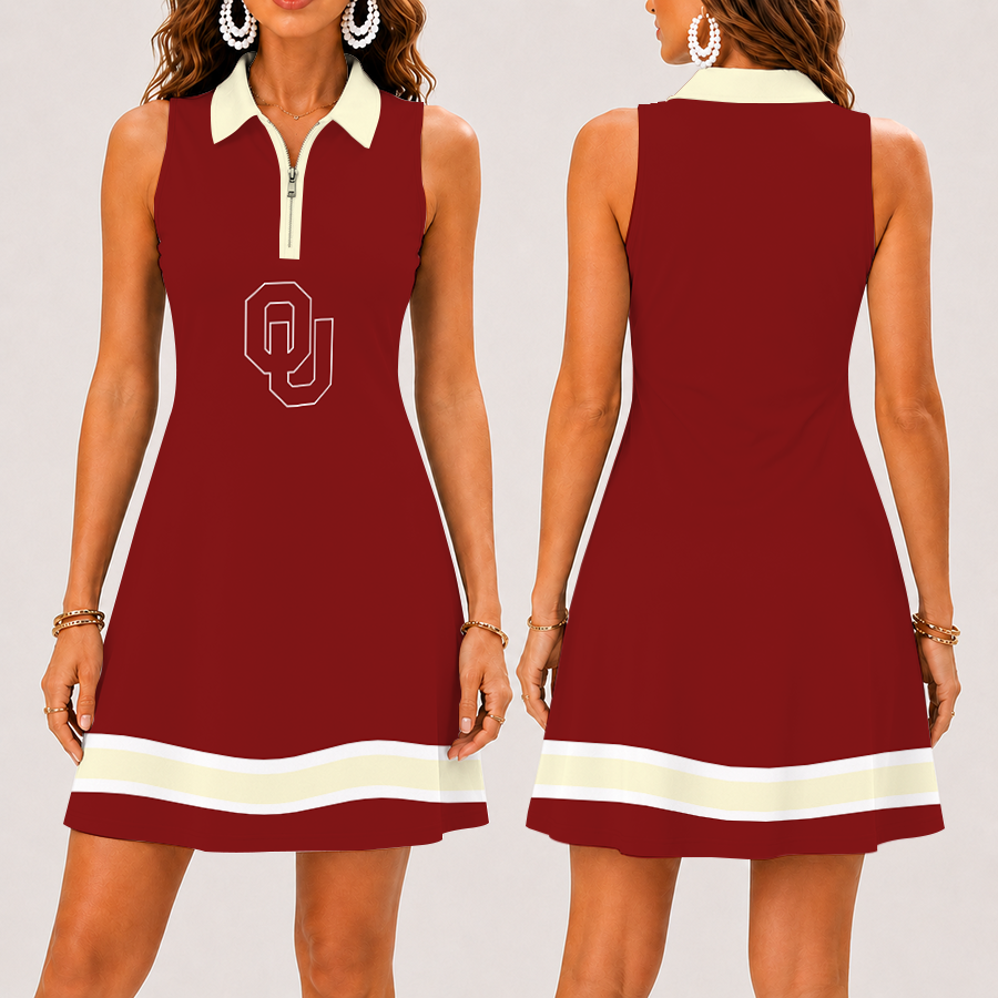 [FAN FAVORITE] NEW CUSTOMIZED NCAA FBS31 OUS OKLAHOMA SOONERS WOMEN'S ZIP SLEEVELESS POLO DRESS