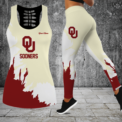 [FAN FAVORITE] NEW CUSTOMIZED NCAA FBS31 OUS OKLAHOMA SOONERS HOLLOW TANK TOP & LEGGINGS SET
