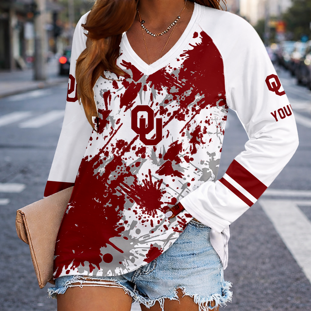 [FAN FAVORITE] NEW CUSTOMIZED NCAA FBS31 OUS OKLAHOMA SOONERS WOMEN'S V-NECK LONG SLEEVED SHIRT