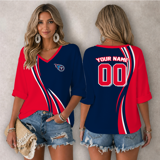 [SPECIAL OFFER] NEW CUSTOMIZED NFL31 TST TENNESSEE TITANS WOMEN'S HEART V-NECK LONG SLEEVE SHIRT
