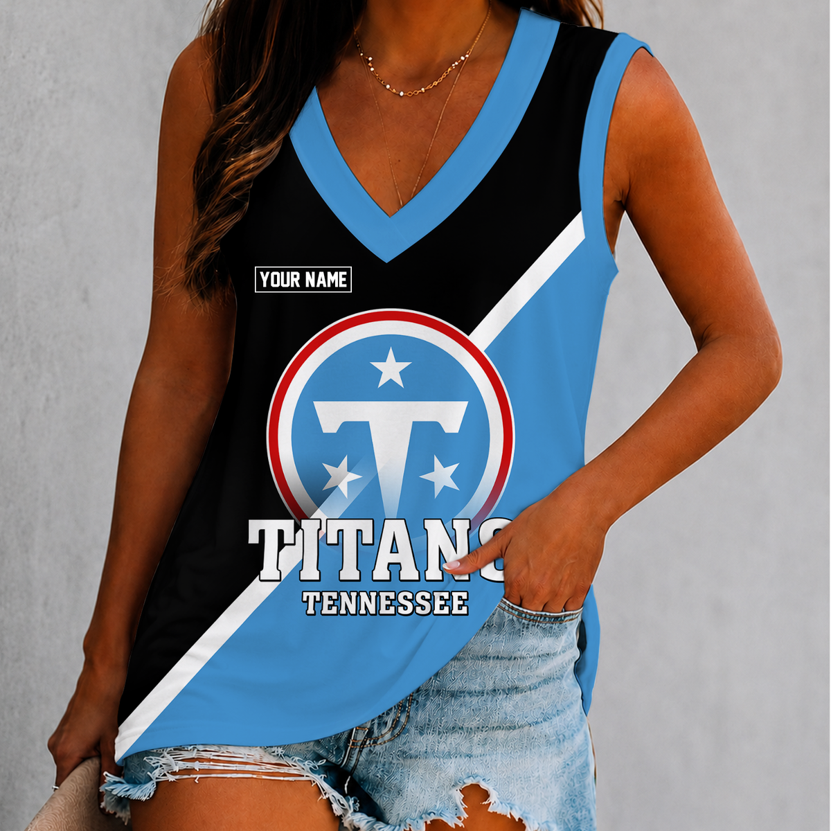 [SPECIAL OFFER] NEW CUSTOMIZED NFL31 TST TENNESSEE TITANS WOMEN'S V-NECK TANK TOP