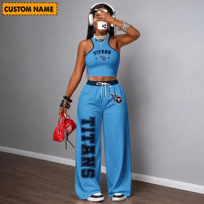 [SPECIAL OFFER] NEW CUSTOMIZED NFL31 TST TENNESSEE TITANS WOMEN'S CROP TOP & LONGPANTS SET