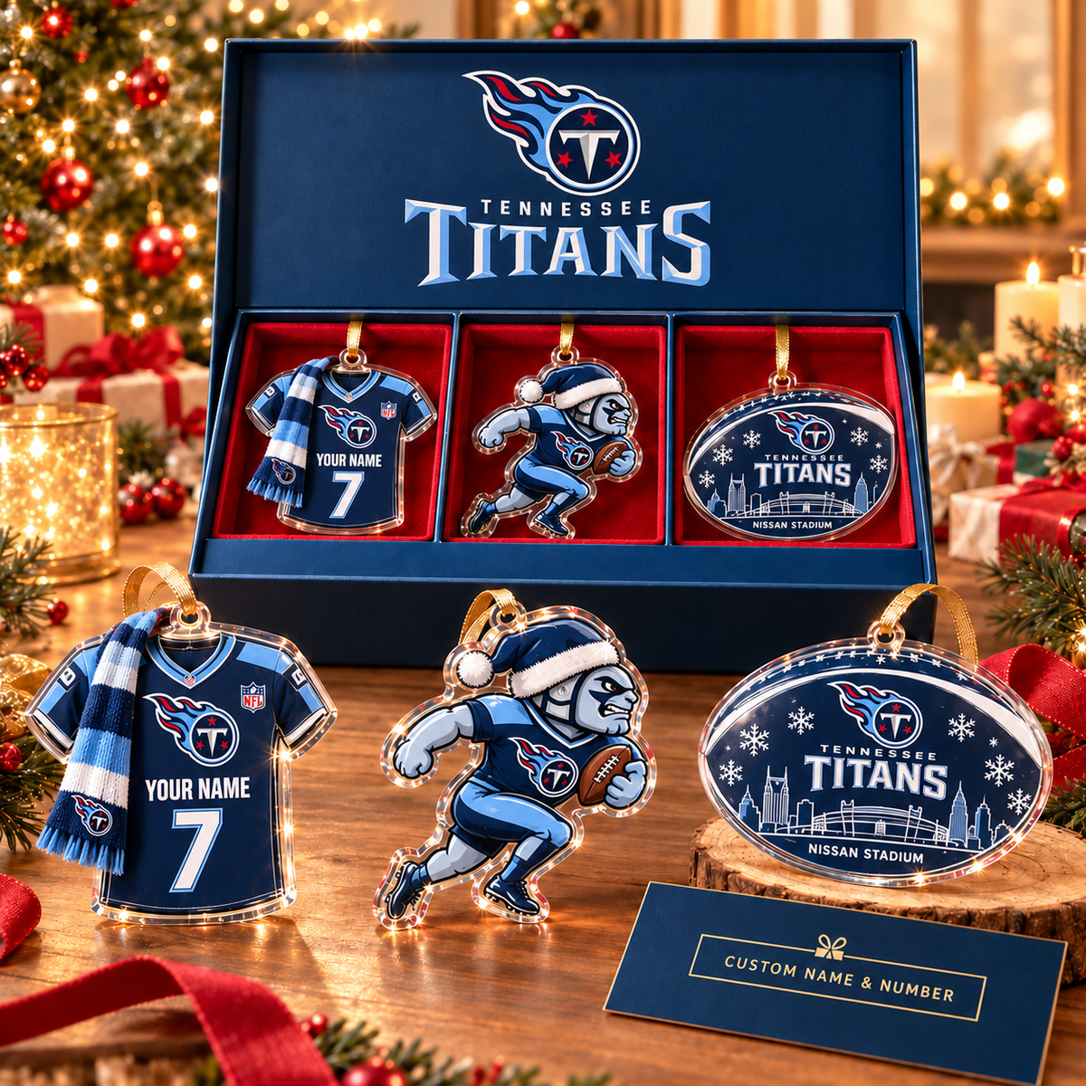 [FULL SET 3 ITEMS - NO BOX] NEW CUSTOMIZED NFL31 TST TENNESSEE TITANS CHRISTMAS ACRYLIC ORNAMENT