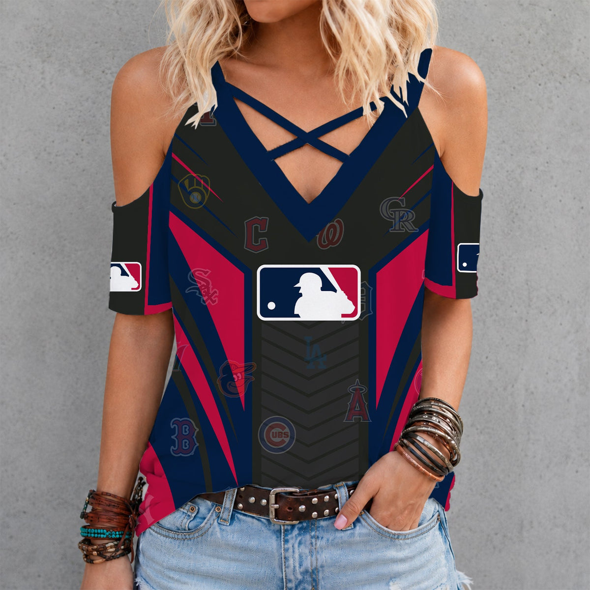 [FLASH SALE] NEW CUSTOMIZED MLB32 MLB ALL TEAMS CRISS CROSS V-NECK TOP