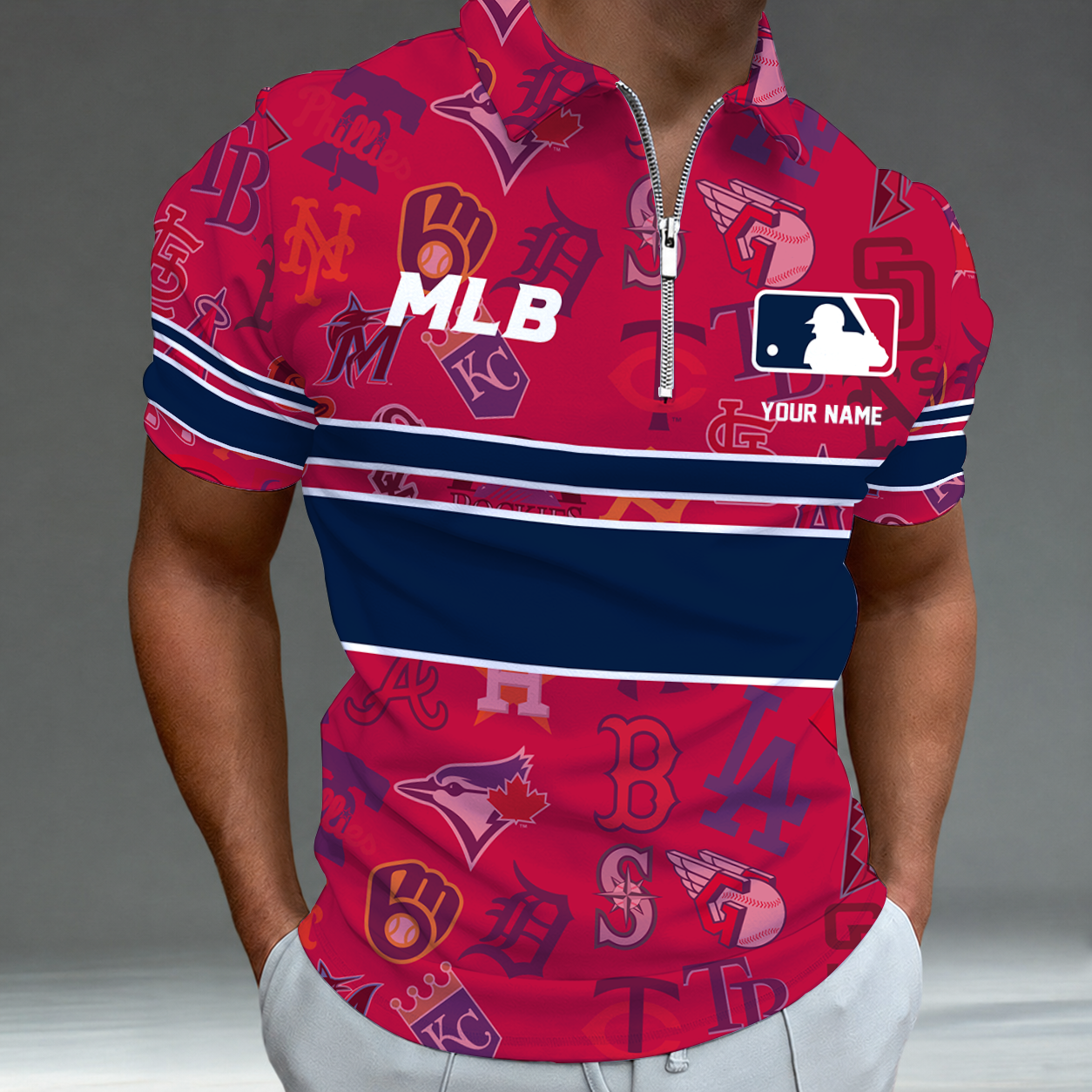 LIMITED EDITION - NEW CUSTOMIZED MLB32 ALL TEAMS ZIP POLO SHIRT