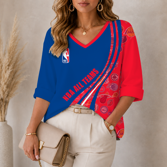 [HOT DEAL] NEW CUSTOMIZED NBA32 NBA ALL TEAMS WOMEN'S HEART V-NECK LONG SLEEVE SHIRT