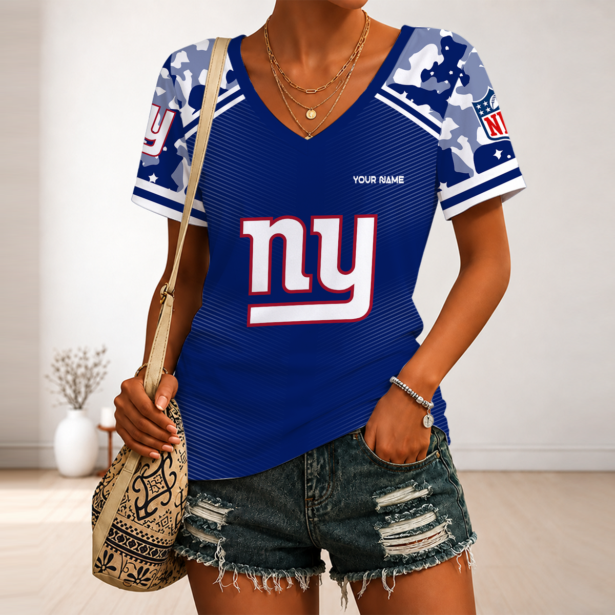 [SPECIAL OFFER] NEW CUSTOMIZED NFL32 NYG NEW YORK GIANTS V-NECK FEMALE SHIRT