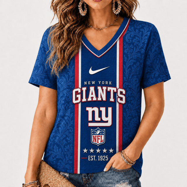 [SPECIAL OFFER] NEW CUSTOMIZED NFL32 NYG NEW YORK GIANTS V-NECK FEMALE SHIRT