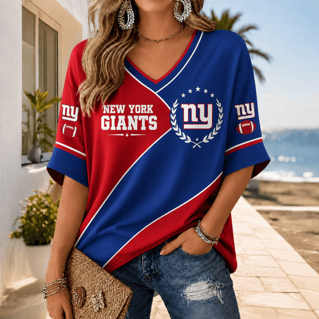 [SPECIAL OFFER] NEW CUSTOMIZED NFL32 NYG NEW YORK GIANTS WOMEN'S HEART V-NECK LONG SLEEVE SHIRT