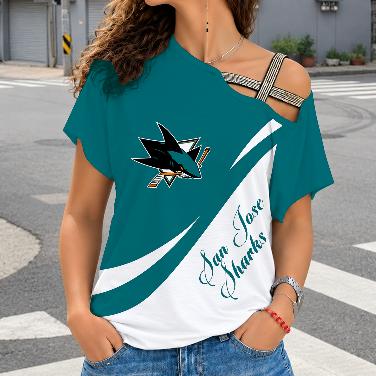 [SUPER SALE] NEW CUSTOMIZED NHL32 SJS SAN JOSE SHARKS SHOULDER SHIRT