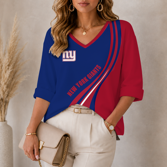 [SPECIAL OFFER] NEW CUSTOMIZED NFL32 NYG NEW YORK GIANTS WOMEN'S HEART V-NECK LONG SLEEVE SHIRT