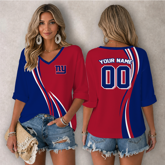 [SPECIAL OFFER] NEW CUSTOMIZED NFL32 NYG NEW YORK GIANTS WOMEN'S HEART V-NECK LONG SLEEVE SHIRT