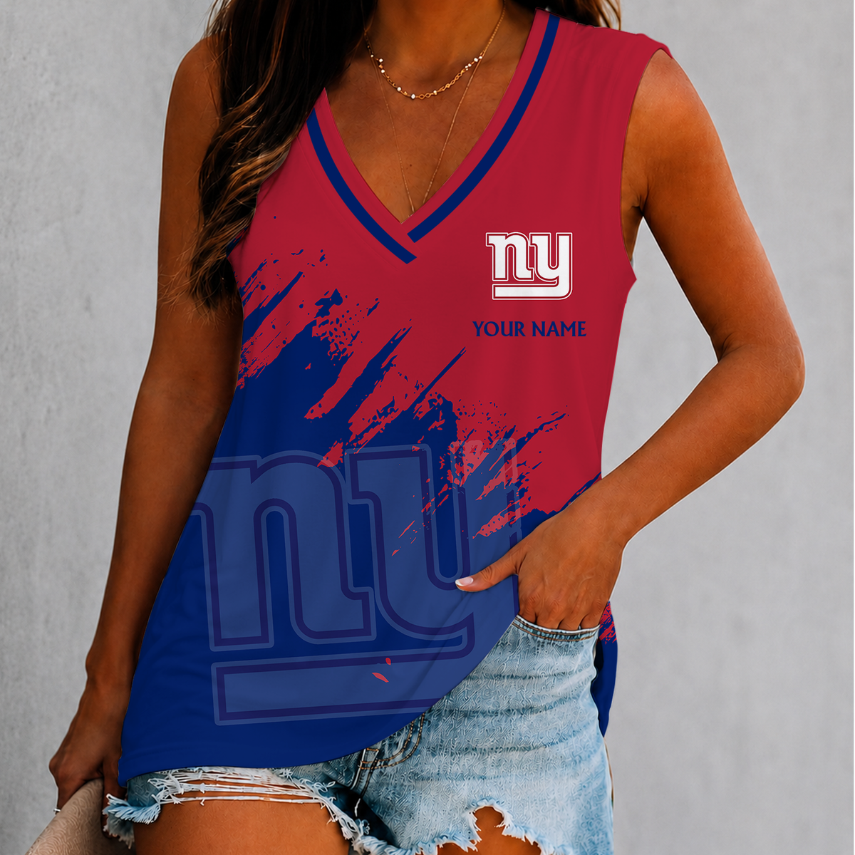 [SPECIAL OFFER] NEW CUSTOMIZED NFL32 NYG NEW YORK GIANTS WOMEN'S V-NECK TANK TOP
