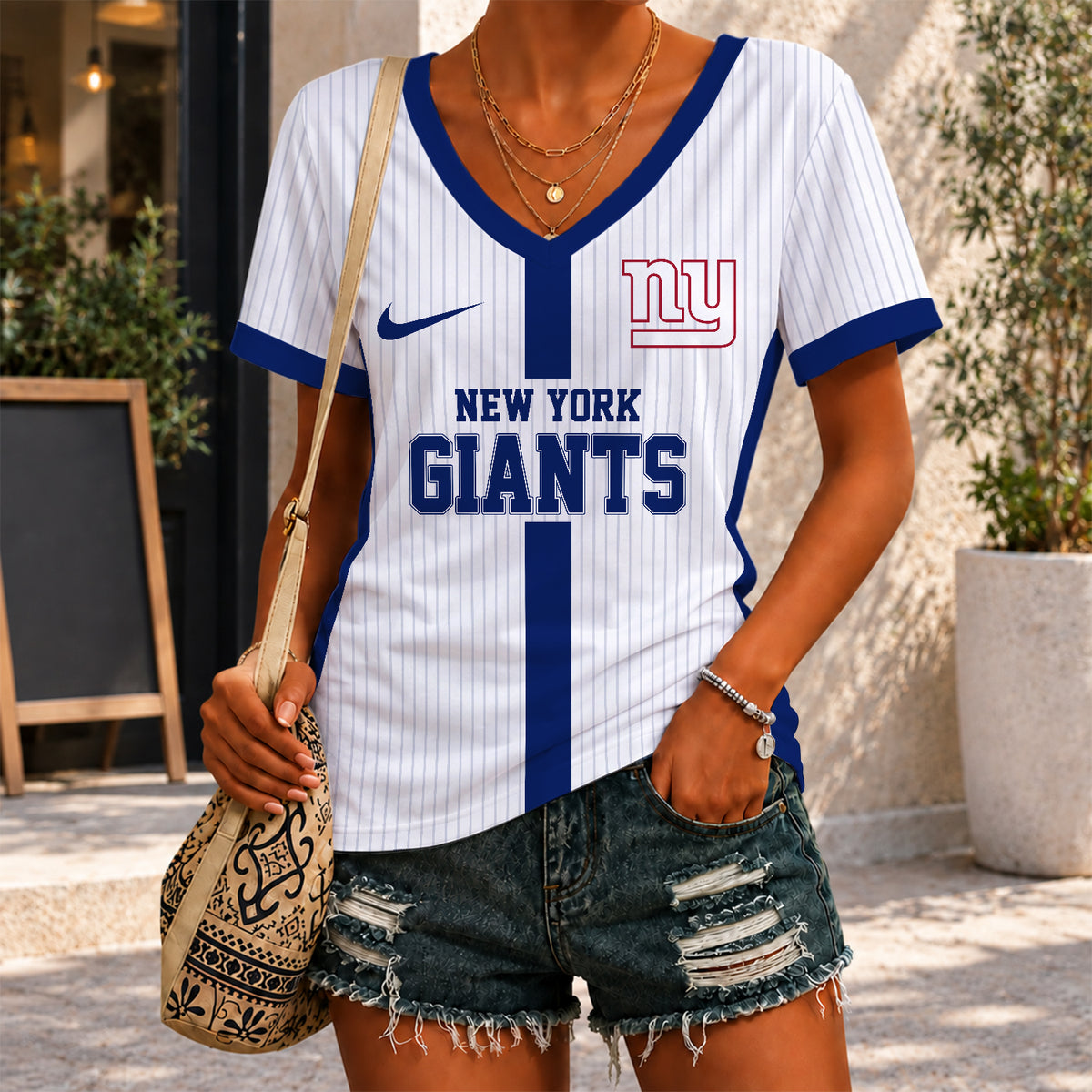 [SPECIAL OFFER] NEW CUSTOMIZED NFL32 NYG NEW YORK GIANTS V-NECK FEMALE SHIRT