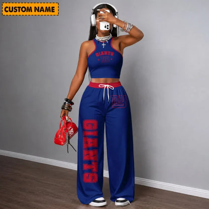 [SPECIAL OFFER] NEW CUSTOMIZED NFL32 NYG NEW YORK GIANTS WOMEN'S CROP TOP & LONGPANTS SET