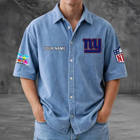 [HOT DEAL] NEW CUSTOMIZED NFL32 NYG NEW YORK GIANTS SEERSUCKER BUTTON SHIRT