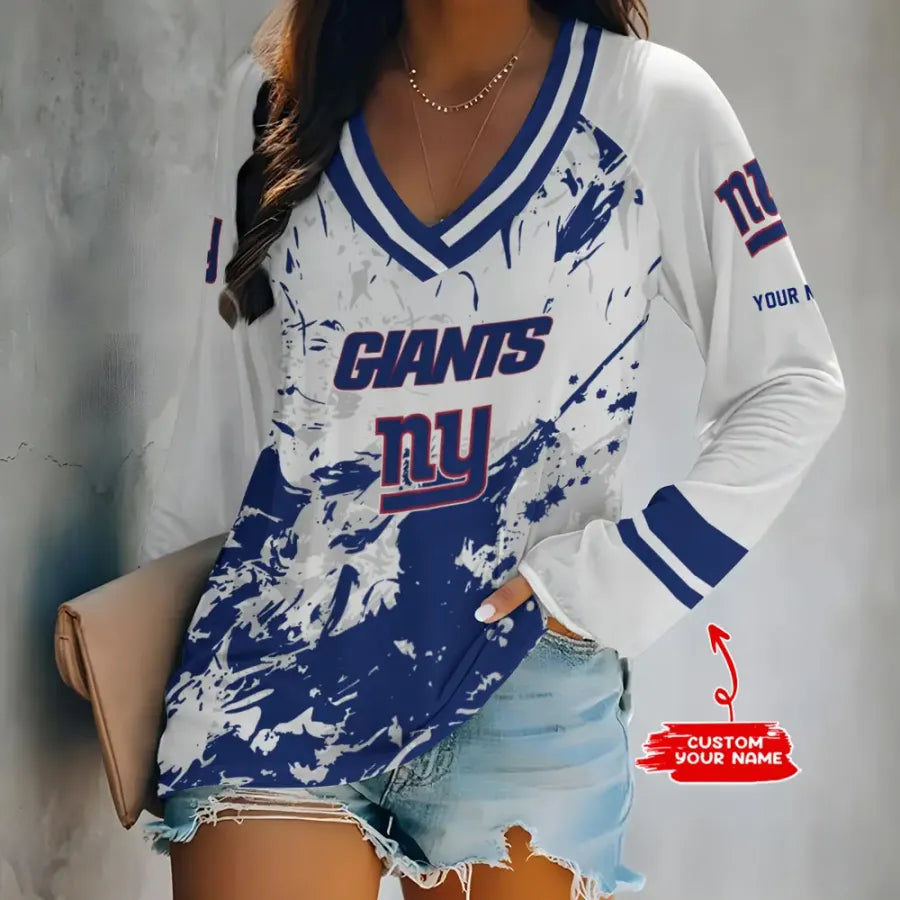 [HOT DEAL] NEW CUSTOMIZED NFL32 NYG NEW YORK GIANTS WOMEN'S V-NECK LONG SLEEVED SHIRT