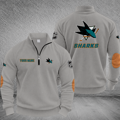 [SUPER SALE] NEW CUSTOMIZED NHL32 SJS SAN JOSE SHARKS MULTICOLOR STRIPED QUATER ZIP SWEATSHIRT