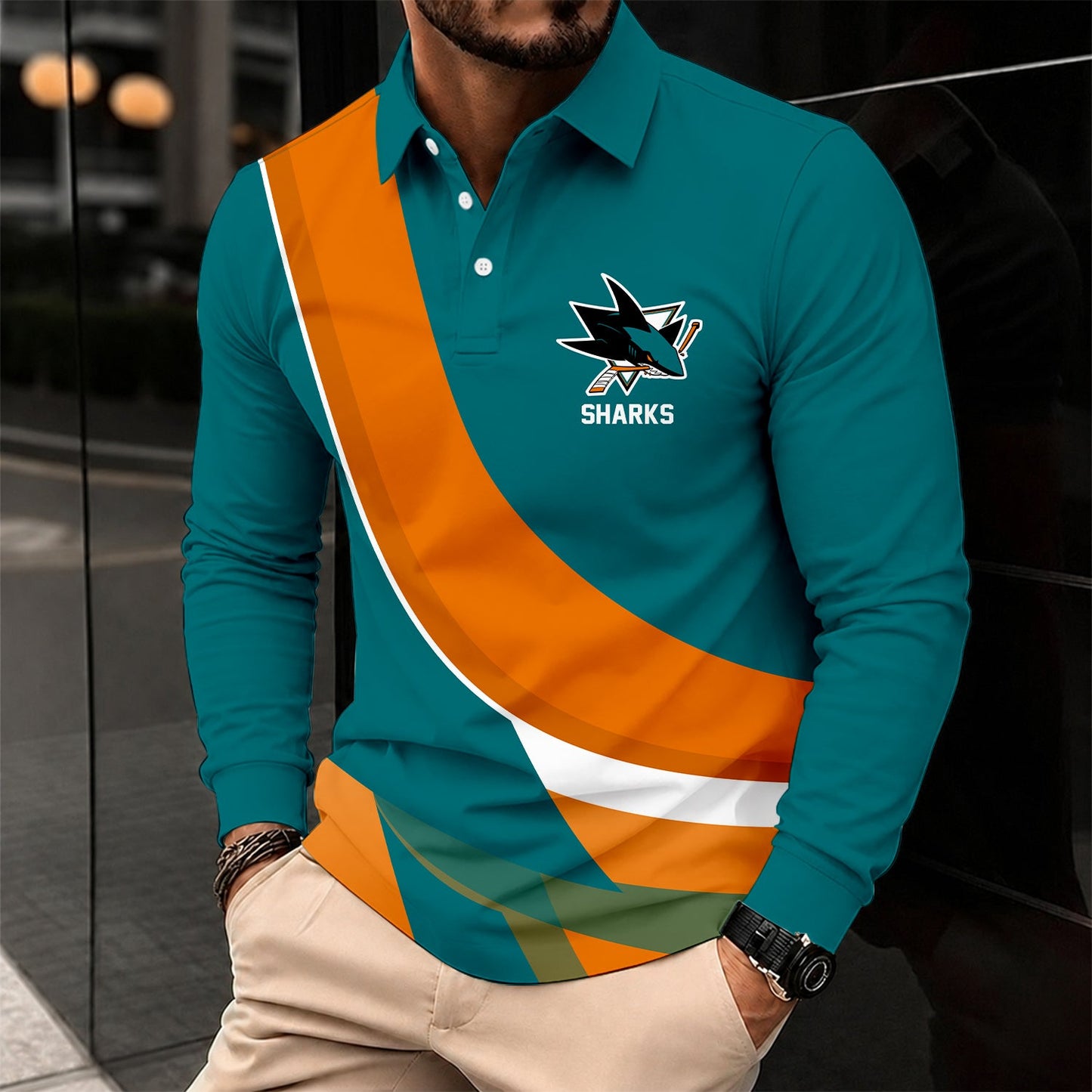 [SUPER SALE] NEW CUSTOMIZED NHL32 SJS SAN JOSE SHARKS MEN LONG SLEEVE POLO