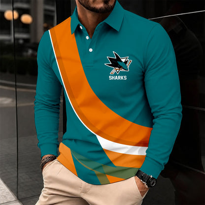 [SUPER SALE] NEW CUSTOMIZED NHL32 SJS SAN JOSE SHARKS MEN LONG SLEEVE POLO