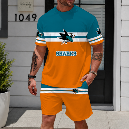 [SUPER SALE] NEW CUSTOMIZED NHL32 SJS SAN JOSE SHARKS UNISEX T-SHIRT & SHORTS SET