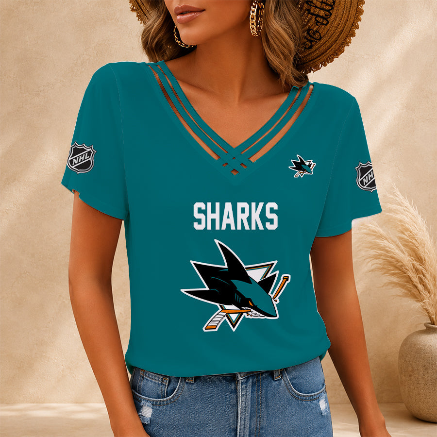 [SUPER SALE] NEW CUSTOMIZED NHL32 SJS SAN JOSE SHARKS V-NECK SHIRT