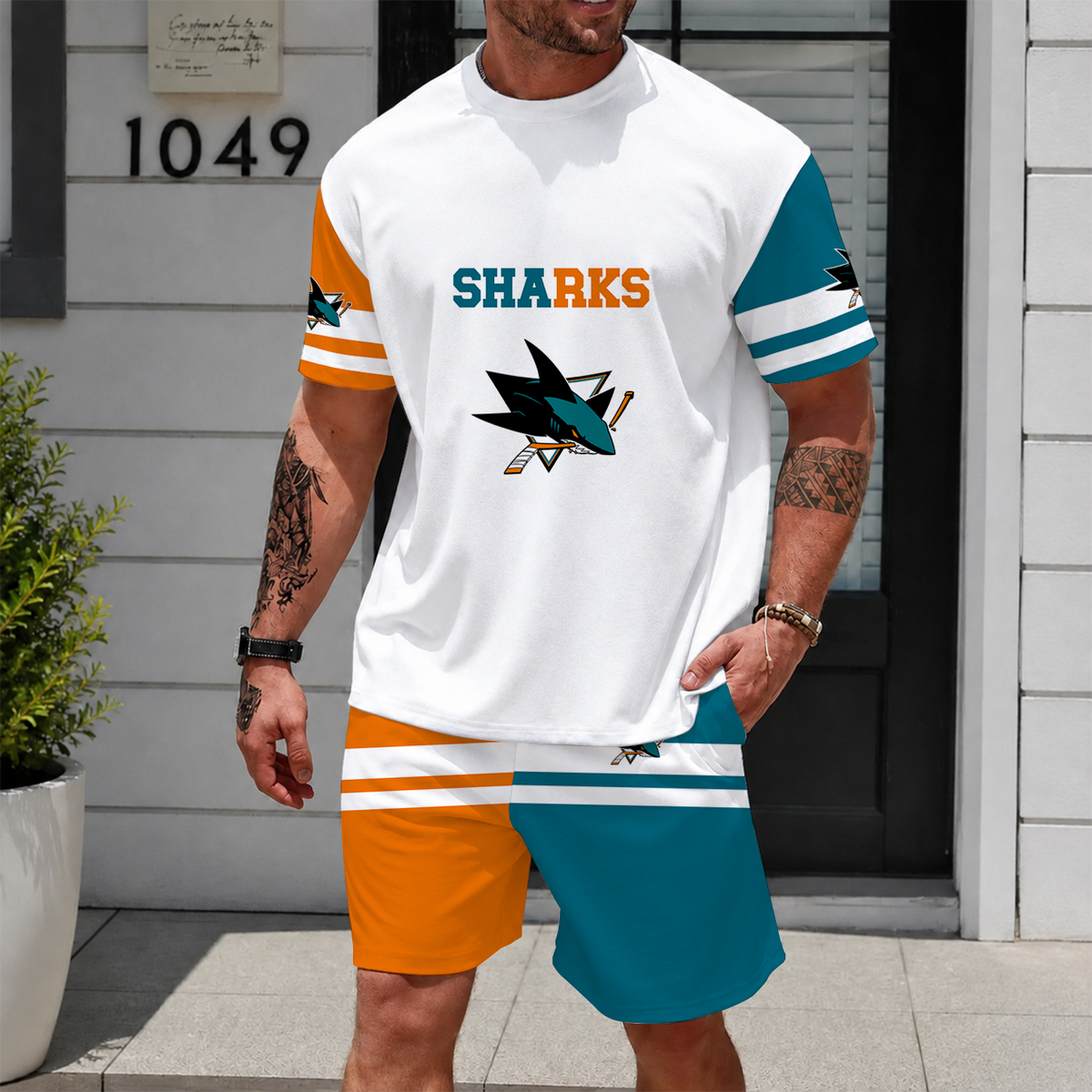 [SUPER SALE] NEW CUSTOMIZED NHL32 SJS SAN JOSE SHARKS UNISEX T-SHIRT & SHORTS SET
