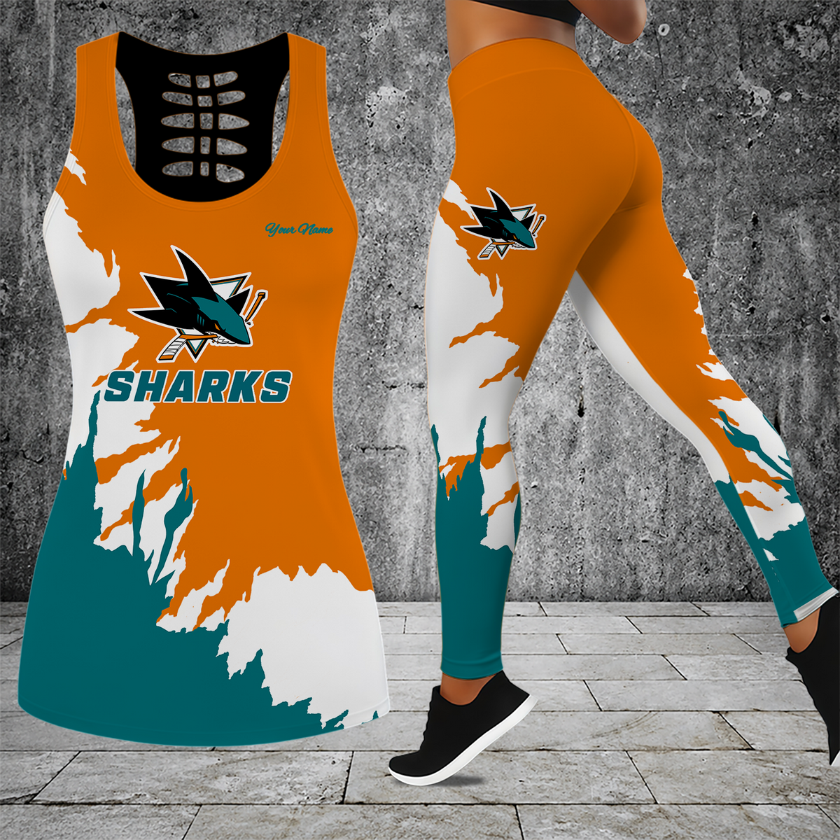 [SUPER SALE] NEW CUSTOMIZED NHL32 SJS SAN JOSE SHARKS HOLLOW TANK TOP & LEGGINGS SET