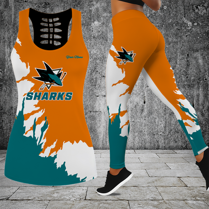[SUPER SALE] NEW CUSTOMIZED NHL32 SJS SAN JOSE SHARKS HOLLOW TANK TOP & LEGGINGS SET