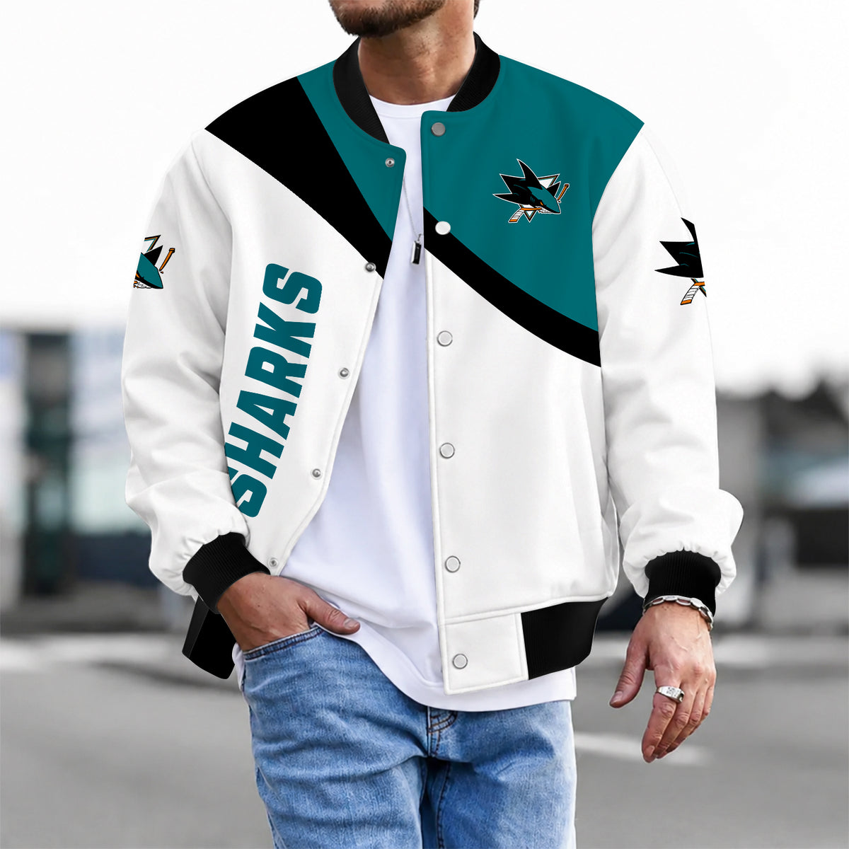 [SUPER SALE] NEW CUSTOMIZED NHL32 SJS SAN JOSE SHARKS SATIN VARSITY JACKET & BASEBALL JACKET