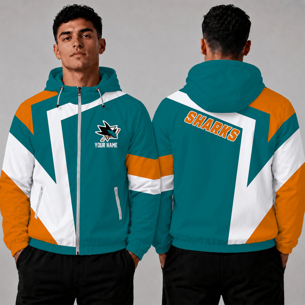 [SUPER SALE] NEW CUSTOMIZED NHL32 SJS SAN JOSE SHARKS WINDBREAKER JACKET