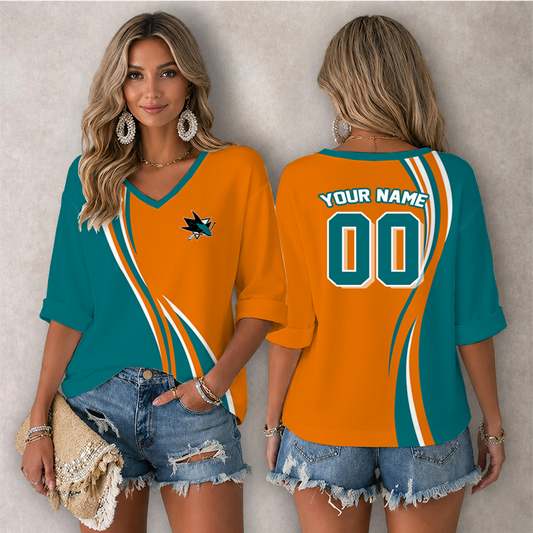 [SUPER SALE] NEW CUSTOMIZED NHL32 SJS SAN JOSE SHARKS WOMEN'S HEART V-NECK LONG SLEEVE SHIRT
