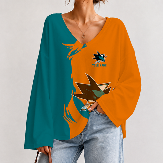 [SUPER SALE] NEW CUSTOMIZED NHL32 SJS SAN JOSE SHARKS V-NECK LONG SLEEVED CROP TOP