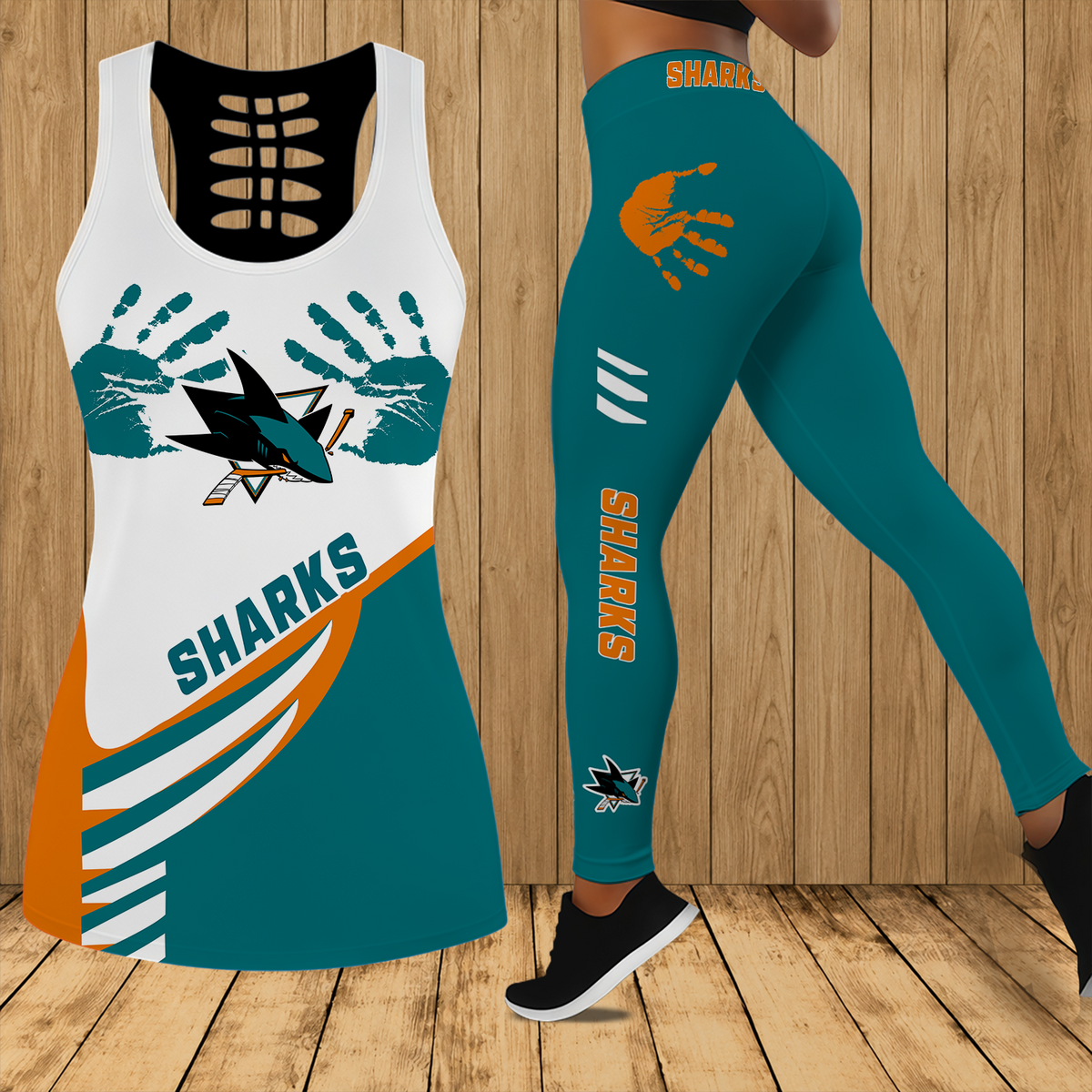[SUPER SALE] NEW CUSTOMIZED NHL32 SJS SAN JOSE SHARKS HOLLOW TANK TOP & LEGGINGS SET