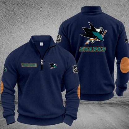 [SUPER SALE] NEW CUSTOMIZED NHL32 SJS SAN JOSE SHARKS MULTICOLOR STRIPED QUATER ZIP SWEATSHIRT