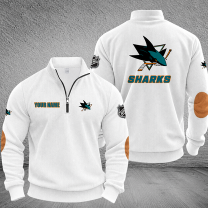 [SUPER SALE] NEW CUSTOMIZED NHL32 SJS SAN JOSE SHARKS MULTICOLOR STRIPED QUATER ZIP SWEATSHIRT