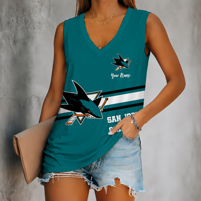 [SUPER SALE] NEW CUSTOMIZED NHL32 SJS SAN JOSE SHARKS WOMEN'S V-NECK TANK TOP